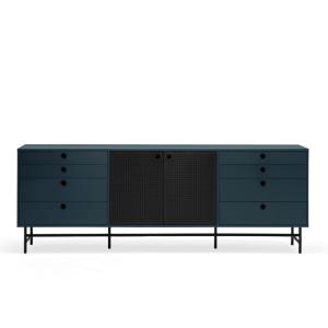 Buffet bas 212cm en bois et métal perforé bleu foncé