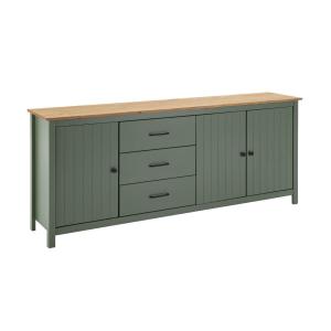 Buffet  bas 3 portes 3 tiroirs bois ciré et vert