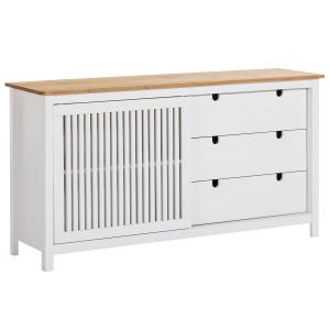 Buffet bas 3 tiroirs 1 porte bois ciré et blanc