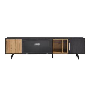 Buffet bas noir et bois à portes battantes et niches ouvert…