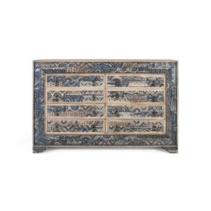 Buffet bicolore en manguier sculpté, naturel et bleu vieill…
