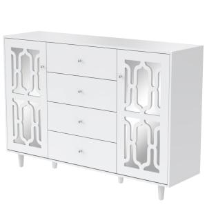 Buffet blanc design 4 tiroirs 2 portes miroir motif géométr…