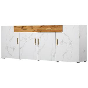 Buffet blanc effet marbre 4 portes 2 tiroirs 208x39,5x80cm