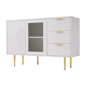 Buffet blanc rainurée 3 tiroirs et 2 portes, vitrée, 120x38…