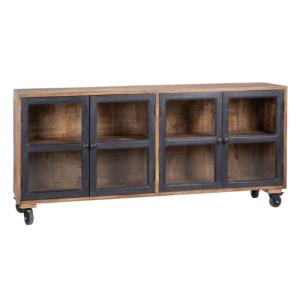 Buffet bois manguier noir portes vitrées roulettes 160x35x7…