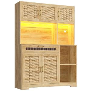 Buffet café en bois naturel avec éclairage LED et portes tr…