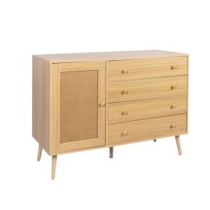Buffet effet bois 4 tiroirs 1 porte en rotin 120*40*83cm