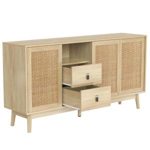 Buffet effet bois avec 3 portes coulissantes en rotin et 2…