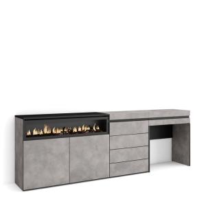 Buffet effet bois ciment 227x35x75cm cheminée effet feu