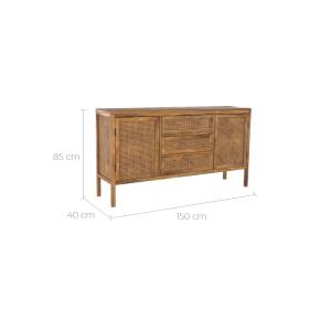 Buffet en cannage et bois 2 portes 3 tiroirs