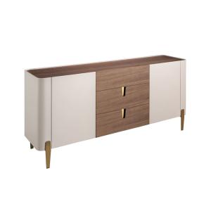 Buffet en noyer, beige, acier poli doré et plateau en noyer