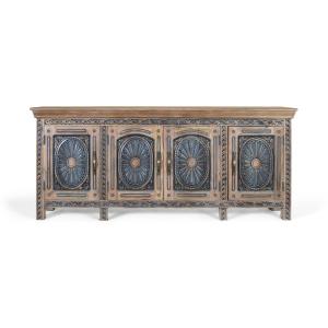 Buffet en teck sculpté bicolore, naturel et bleu vieilli
