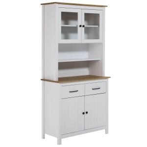 Buffet  haut 4 portes 2 tiroirs bois ciré et blanc