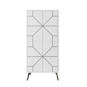 Buffet haut 4 portes blanches avec décors noirs - H136 cm