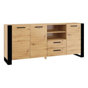 Buffet long 3 portes 2 tiroirs stratifiés beige et noir