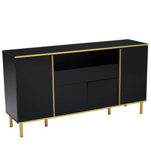 Buffet noir brillant avec accents dorés et éclairage LED