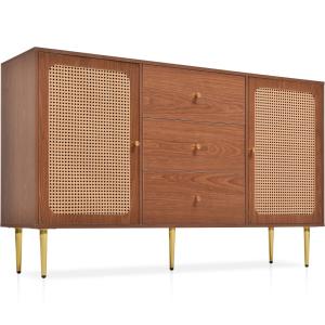Buffet vintage en bois et cannage avec tiroirs centraux
