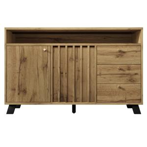 Buffet vintage en bois foncé avec portes à lamelles et 3 ti…