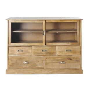 Cabinet de rangement 2 portes en verre et 5 tiroirs