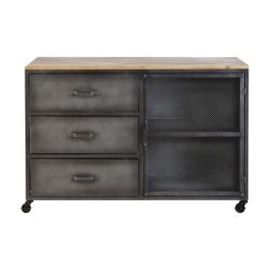 Cabinet de rangement 3 tiroirs 1 porte en métal et sapin