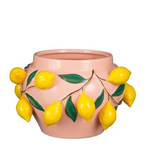 Cache-pot en céramique avec des citrons rose pâle H19