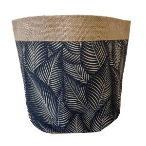 Cache-pot en jute motifs feuilles sur fond noir 14 cm