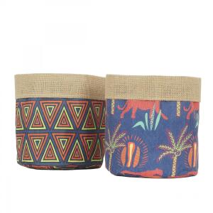 Cache-pots en jute et tissu ethnique 25cm lot de 2