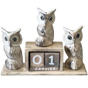 Calendrier perpétuel en bois beige 3 hiboux 23 cm