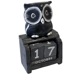 Calendrier perpétuel en bois Hibou gris 12 cm