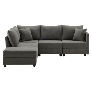Canapé 3 places modulable tissu gris, pouf amovible L220cm