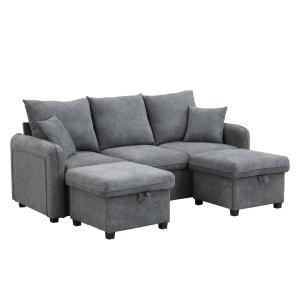 Canapé 3 places tissu gris avec rangement et 2 poufs L188cm