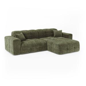 Canapé angle droit 5 places en velours gaufré vert vintage
