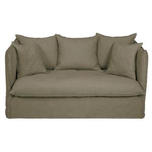 Canapé convertible 2 places en lin vert kaki, matelas 10 cm