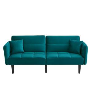 Canapé convertible 2 places en velours bleu turquoise dossi…
