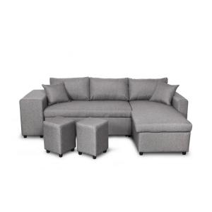 Canapé d'angle convertible avec coffre et poufs en tissu -…