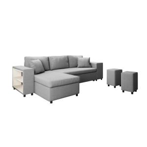 Canapé d'angle convertible et poufs en tissu - Gris clair