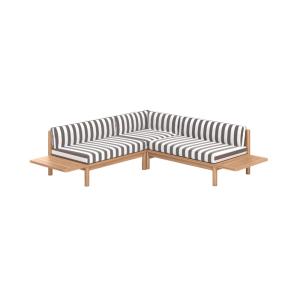 Canapé d'angle de jardin, teck massif et coussins rayés gri…