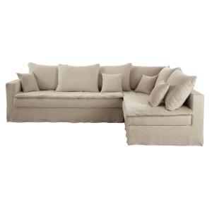 Canapé d'angle droit 5/6 places en lin supérieur beige