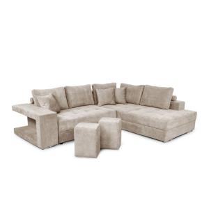 Canapé d'angle droit convertible et 2 poufs en tissu - Beig…