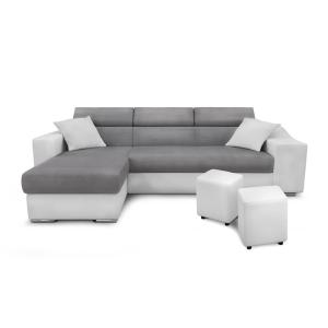 Canapé d'angle droit microfibre/simili avec poufs - Blanc/G…