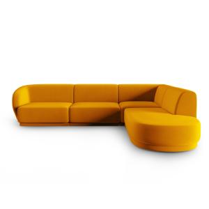Canapé d'angle droit modulable 5 places en velours jaune