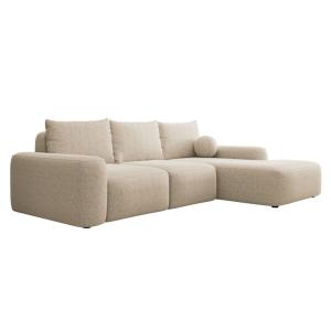 Canapé d’angle en tissu chenille, coussin boule, beige, dro…