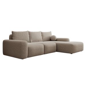 Canapé d’angle en tissu chenille, coussin boule, brun clair…