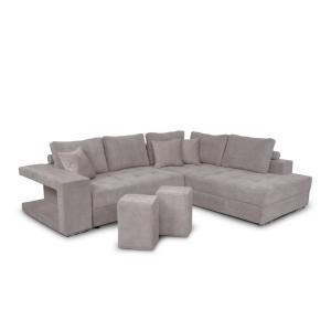 Canapé d'angle gauche convertible et 2 poufs en tissu - Gri…