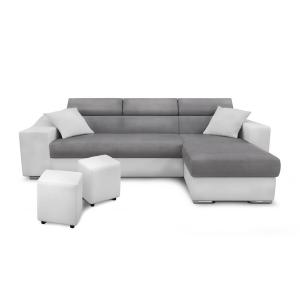 Canapé d'angle gauche microfibre/simili avec poufs - Blanc/…