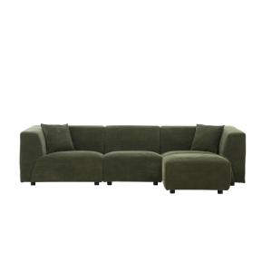 Canapé droit 3 places   1 pouf en velours côtelé vert