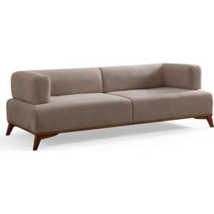 Canapé droit 3 places en tissu taupe, piètement marron