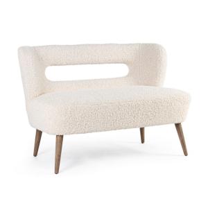 Canapé en tissu blanc effet laine, pieds en bois d'hévéa