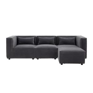 Canapé modulable 3 places velours côtelé gris avec pouf