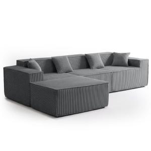 Canapé modulable en angle avec pouf velours côtelé gris fon…